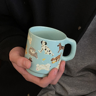 ins薄荷脑袋小狗陶瓷马克杯 创意卡通修勾咖啡杯春天水杯 340ml