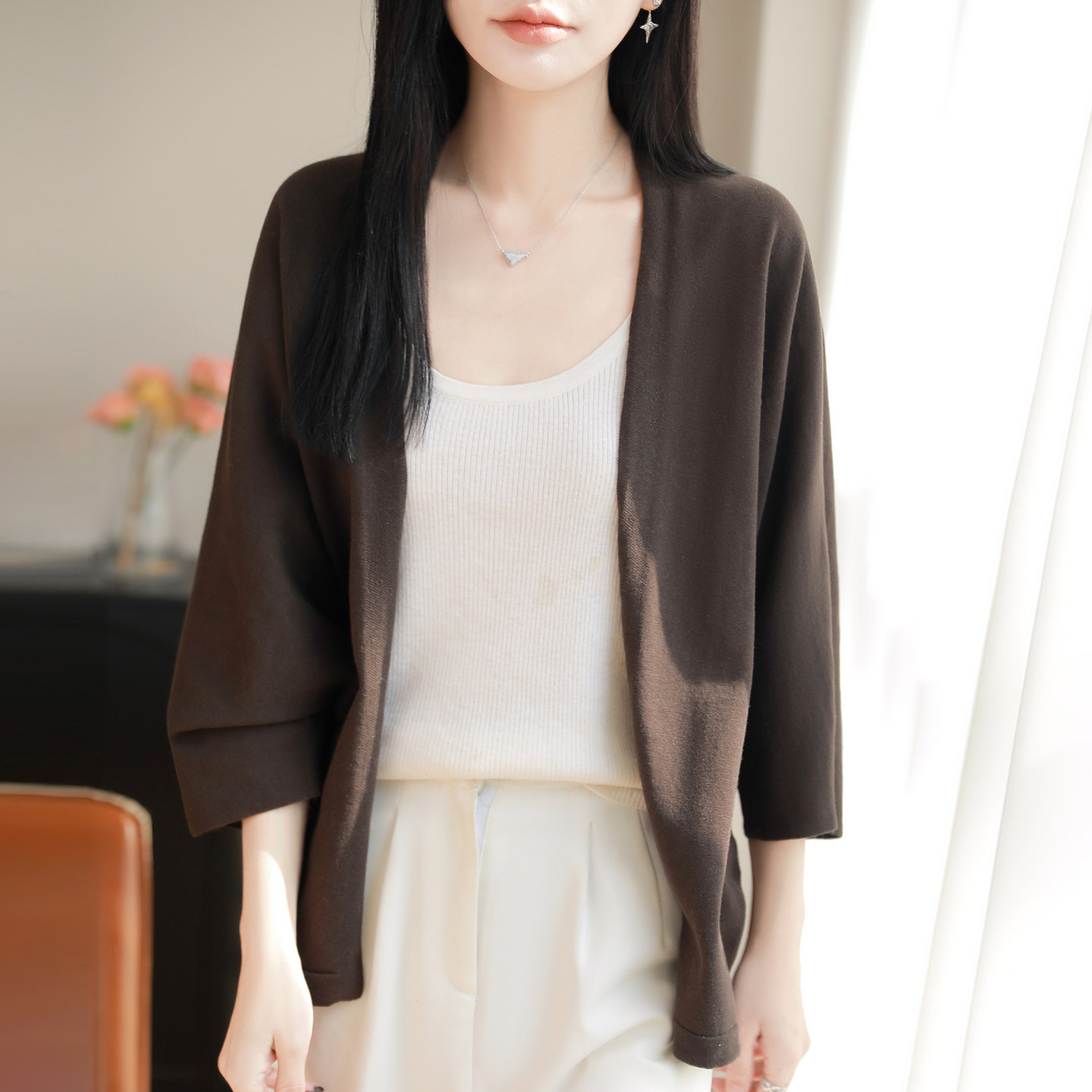 100%纯棉线针织无扣圆领开衫女百搭长袖披肩空调衫宽松上衣外套薄