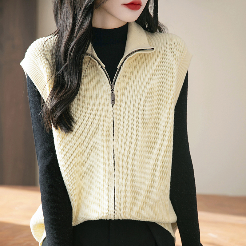 2026春季新款100%纯棉高领拉链针织开衫女无袖马甲毛衣外套上衣