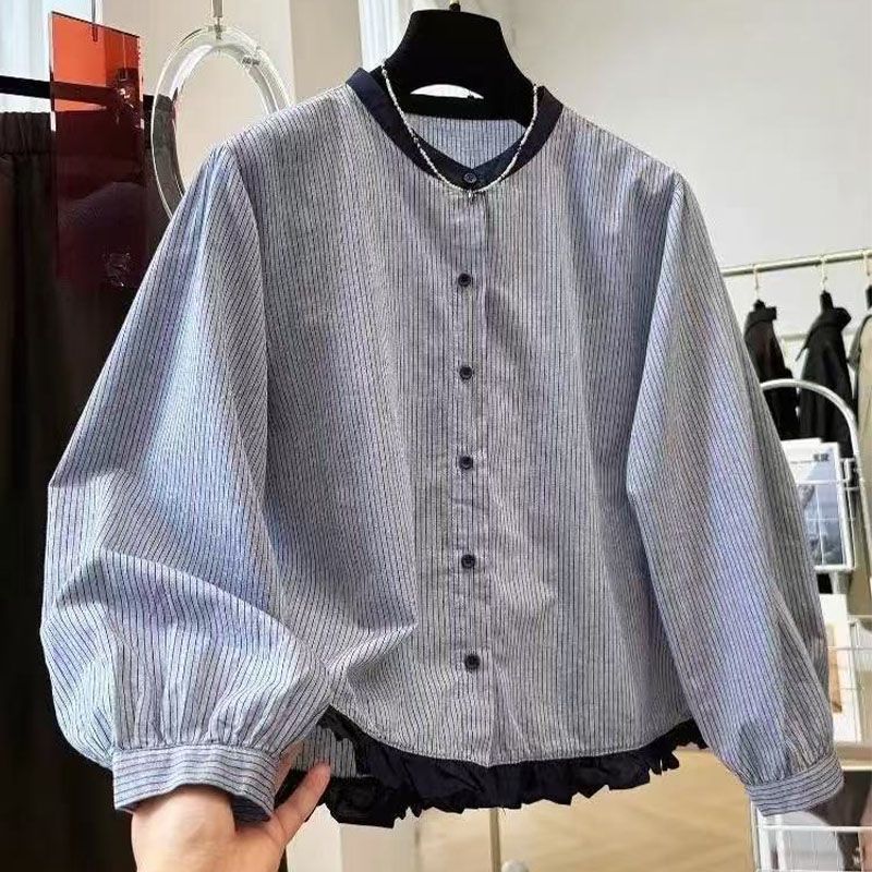 秋季韩版条纹灯笼袖木耳边衬衫