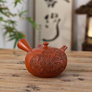 日本常滑烧已故作家 朱泥刻葡萄藤太阳花侧把急须壶 夏目雅仁手作