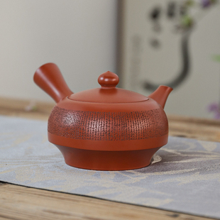 日本常滑烧 朱泥雕刻细字侧把急须壶 已故名家土居中州全手工作