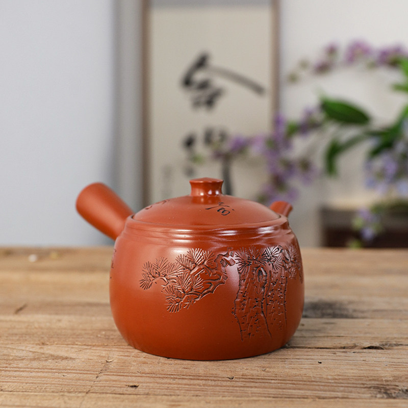 日本常滑烧名家早期沢田昭邨手作朱泥雕刻松树橫侧把手急须壶茶壶