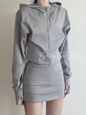 EFM STUDIO cement gray 修身连帽卫衣套装运动裙裤短裙 舒适百搭