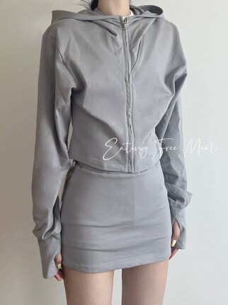 EFM STUDIO cement gray 修身连帽卫衣套装运动裙裤短裙 舒适百搭