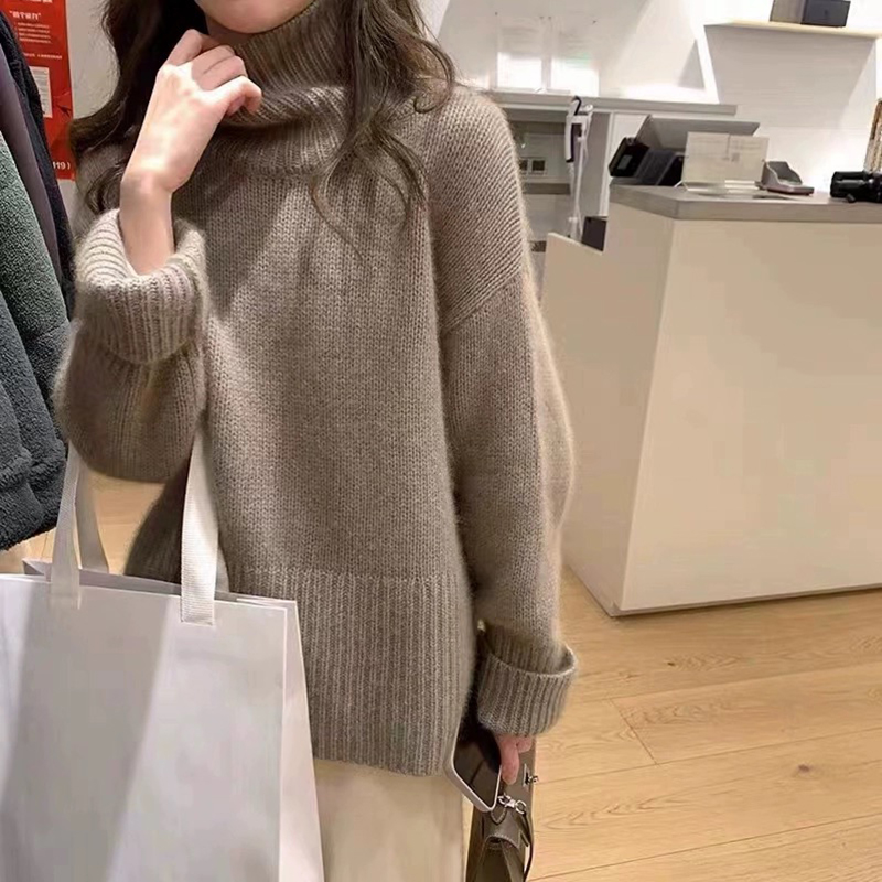 长袖加厚高领慵懒风纯羊毛衫落肩