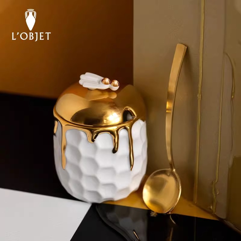 L'OBJET 欧洲进口Beehive蜂窝蜂蜜罐创意陶瓷24K金调味品收纳罐