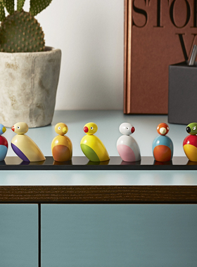 丹麦进口Rosendahl小鸟麻雀木制动物装饰摆件手工原木创意7只套装