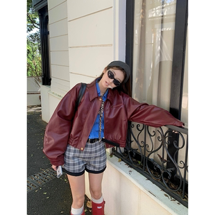 曼尼时差 红色复古皮衣机车夹克春秋女美式翻领短外套