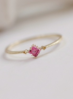 《夏目友人帐》日系14K黄金色天然粉色碧玺戒指 轻奢细小叠戴指环