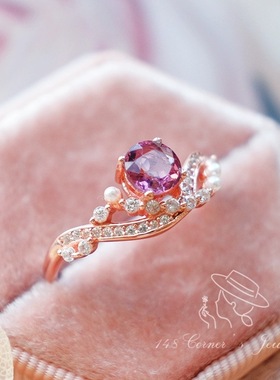 大颗粒粉碧玺戒指女晶体干净火彩好镀玫瑰金镶嵌精致气质款高档