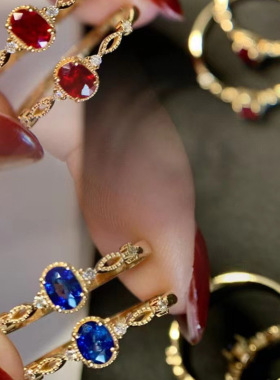 日系轻奢电镀黄金色戒子新款 简约蛋形蕾丝无忧蓝宝石戒指经典款