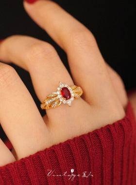 「波多黎各」法式宫廷高级感复古设计小众闪耀显白红宝石开口戒指