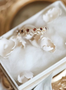 日暮、晚星 超美花环高仿天然白托帕红石榴稀少玫瑰切割轻奢戒指