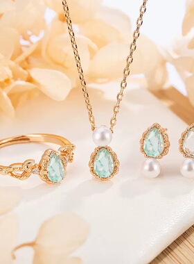 日本nojess同款天然海蓝宝石同款 水滴戒指项链耳钉套装轻奢饰品