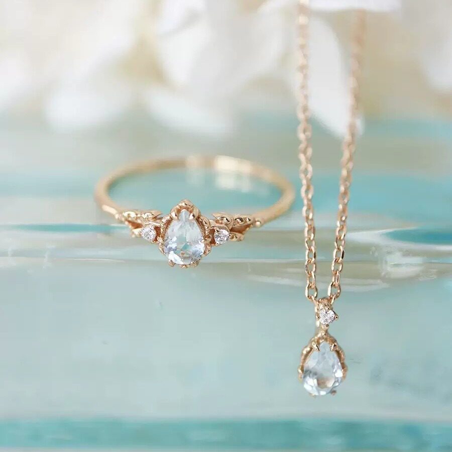 日本nojess同款天然海蓝宝石同款 水滴戒指项链耳钉套装轻奢饰品