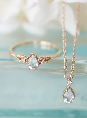 日本nojess同款天然海蓝宝石同款 水滴戒指项链耳钉套装轻奢饰品