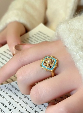 正宗新中式沙金花丝珐琅四合如意珍珠戒指女小众设计高级感国风食