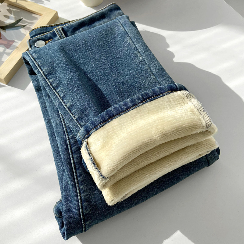 加绒直筒牛仔裤女秋冬季2025年新款韩版显瘦高腰加厚羊羔绒烟管裤