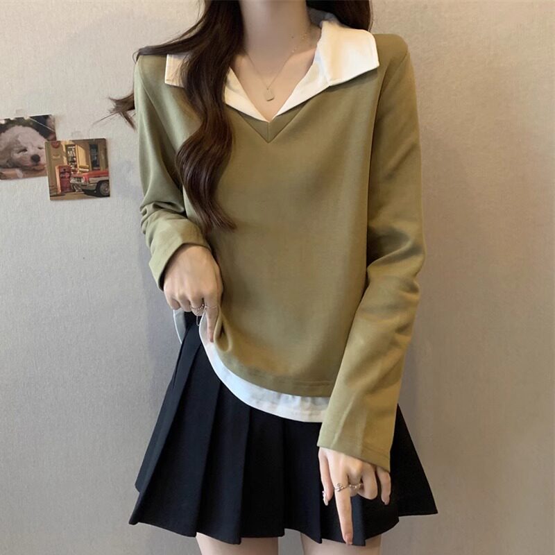 假两件polo领t恤长袖女春季2025新款大码胖mm遮肚子显瘦正肩上衣