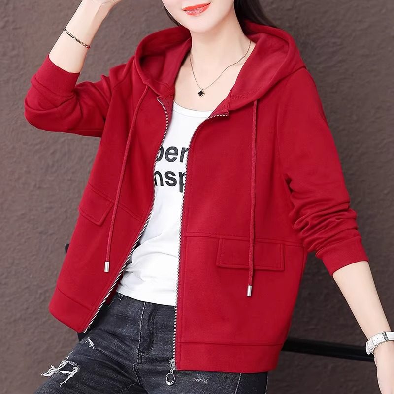 韩版长袖显瘦拉链开衫连帽卫衣女2025秋装新款爆款酒红色外套女款