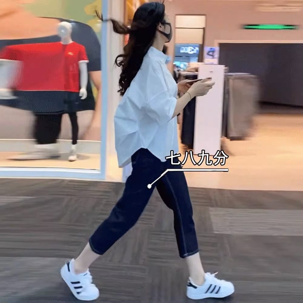 小个子哈伦深蓝色高腰显瘦牛仔裤女2025年新款八分萝卜老爹裤九分