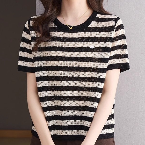 条纹冰丝针织衫t恤女短袖夏季2025新款圆领宽松镂空薄款打底上衣