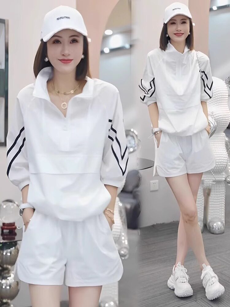 时尚休闲条纹运动服套装女2025年夏季新款减龄半拉炼卫衣两件套