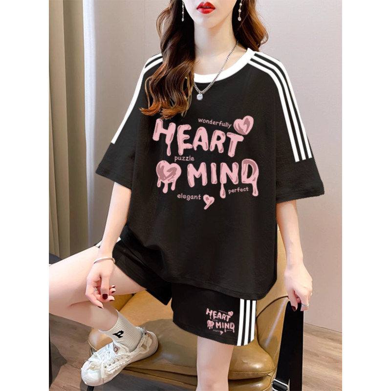 三条杠纯棉短袖短裤套装女显瘦2025夏季宽松小个子休闲 运动两件