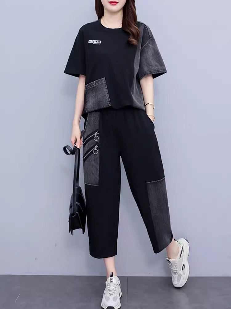 大码时尚休闲套装女2025新款夏季胖MM宽松休闲拼接短袖裤子两件套