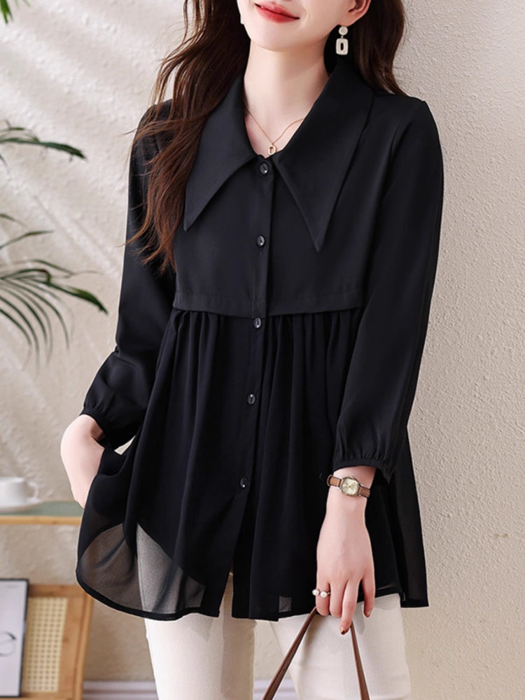 九分袖衬衫女2025春秋大码女装胖mm雪纺拼接宽松遮肚打底衫上衣