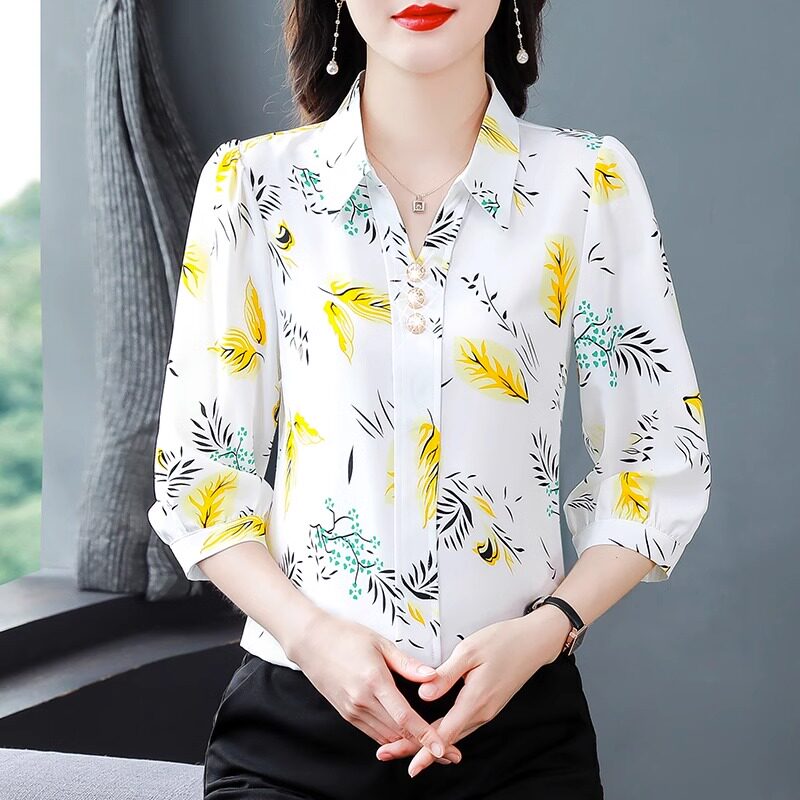 雪纺衬衫女夏季薄款2025新款韩版洋派时尚气质冰丝中袖七分袖上衣