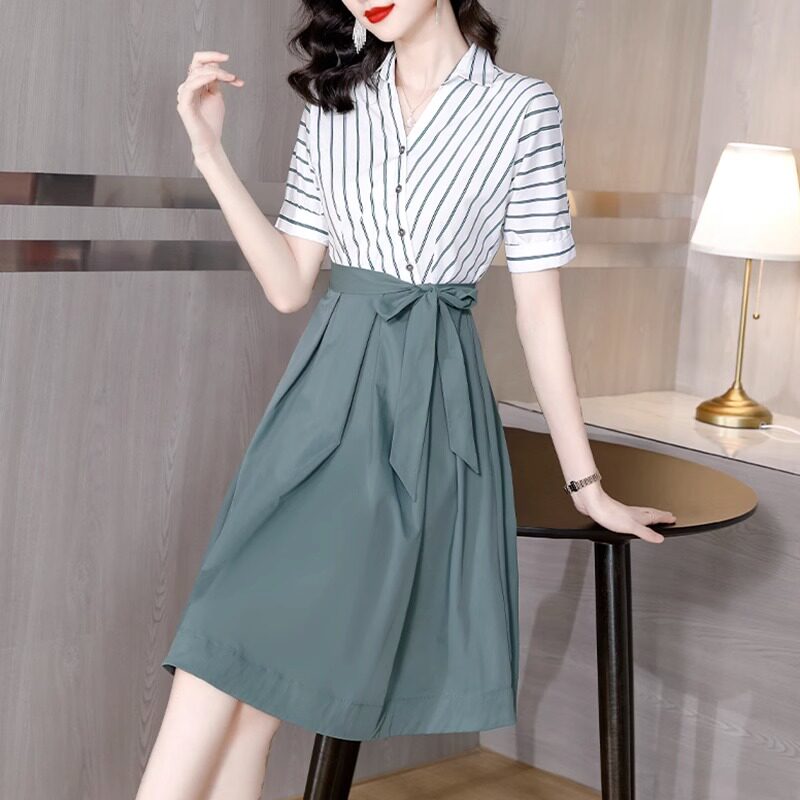 假两件衬衫式洋装子女士夏季2025年新款收腰小个子气质短袖中长裙