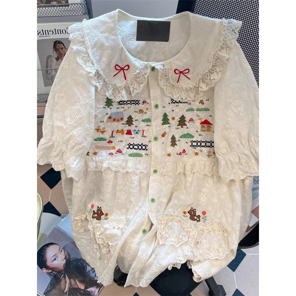 日本offcat超好看温柔蕾丝花边刺绣衬衫女夏季甜美娃娃领短袖上衣