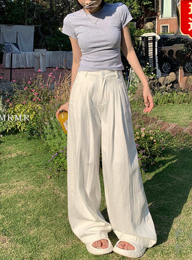 日本offcat白色宽松褶皱纹理直筒牛仔裤女2025春季新款高腰显瘦垂