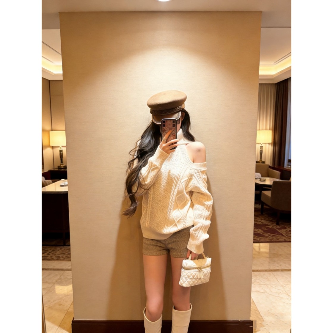 日本offcat杏色高领露肩麻花毛衣女秋冬宽松加厚保暖长袖针织衫上