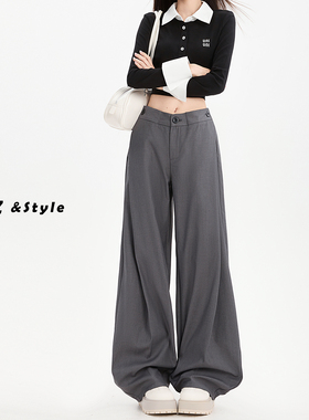 日本offcat灰色高级感西装裤女秋冬季2025新款褶皱宽松直筒阔腿垂