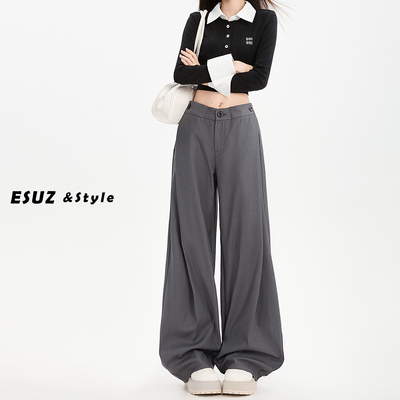 日本offcat灰色高级感西装裤女秋冬季2025新款褶皱宽松直筒阔腿垂