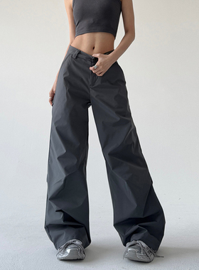 日本offcat褶皱黑色西裤女2025春秋新款微喇叭阔腿情侣休闲裤