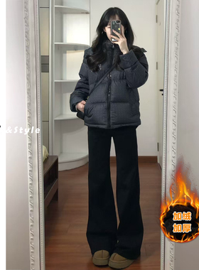 日本offcat黑色加绒微喇叭牛仔裤女小个子2025秋冬新款显瘦弹力不