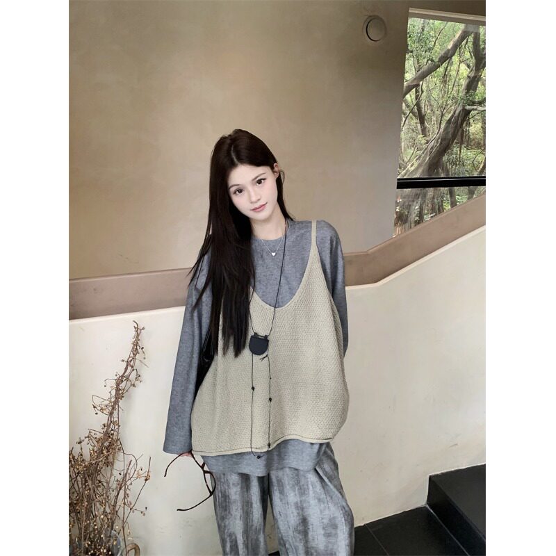 日本offcat设计感卷边叠穿针织背心吊带女秋季灰色宽松长袖上衣两