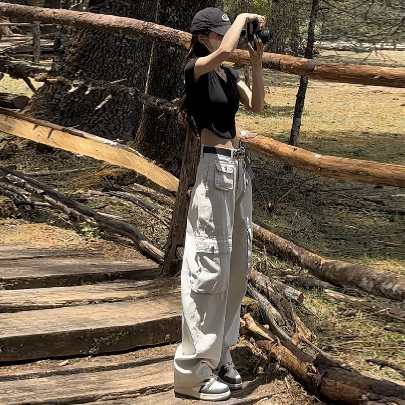 日本offcat美式工装裤女春秋宽松复古显瘦小个子白色登山裤子