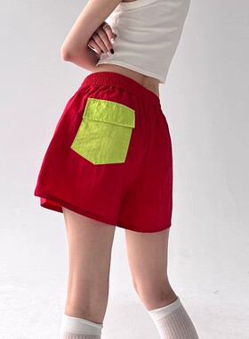 日本offcat红色甜酷休闲短裤2025夏季棉质休闲运动弹力腰裤子