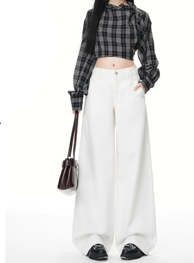 日本offcat白色双扣阔腿牛仔裤女秋冬2025年新款高腰宽松垂感直筒