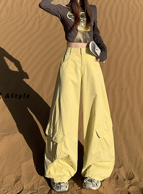 日本offcat黄色弯刀工装休闲裤女秋季新款美式设计感宽松镰刀裤子