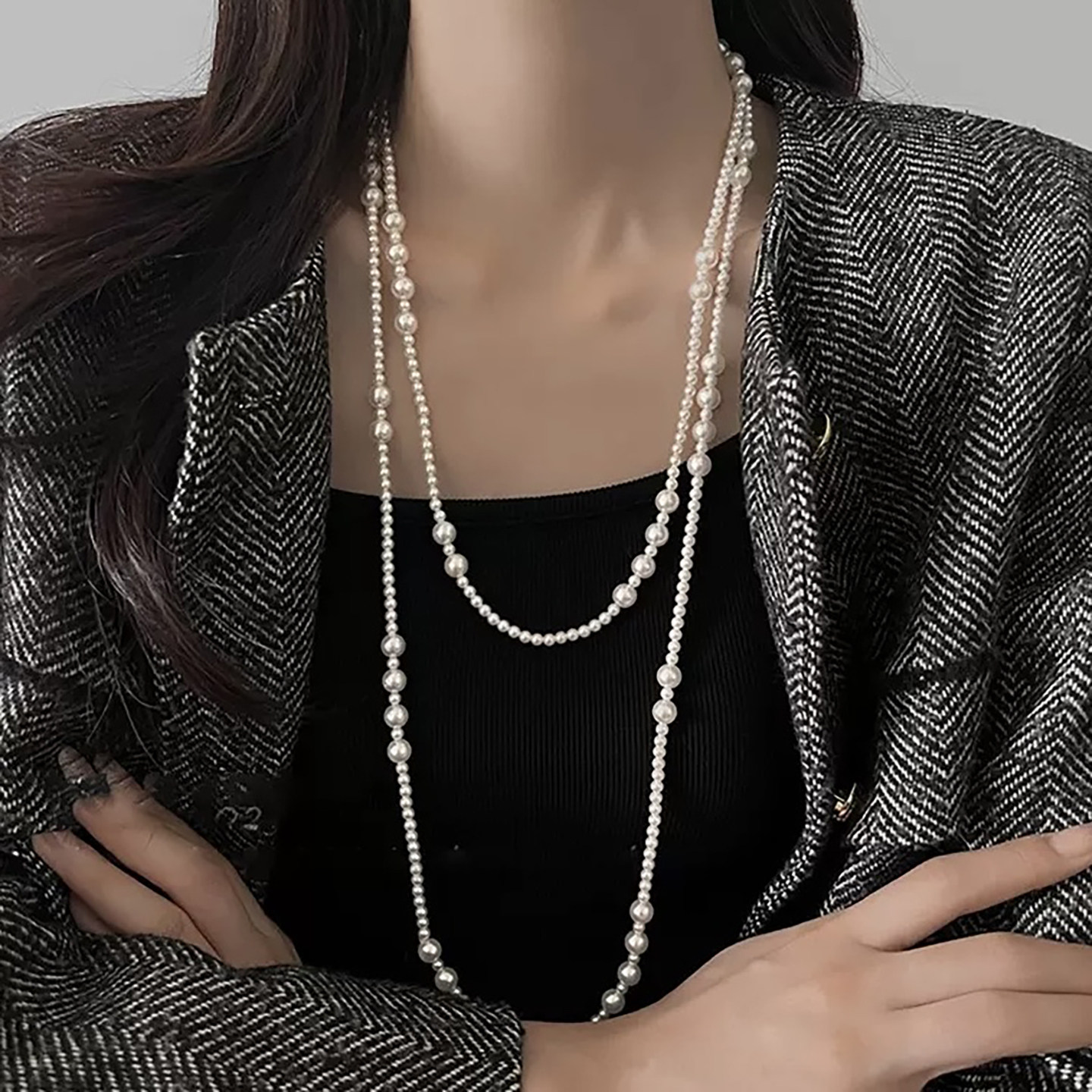 S家澳白色长款珍珠项链女钛钢磁力扣毛衣链高级双层多层叠戴颈链