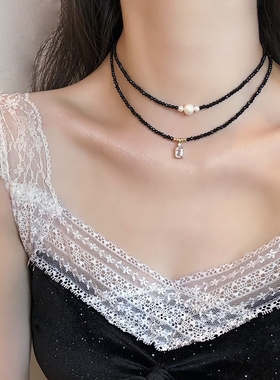 天然淡水珍珠黑色水晶锁骨项链