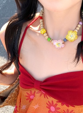 彩色花朵串珠项链女多巴胺度假风