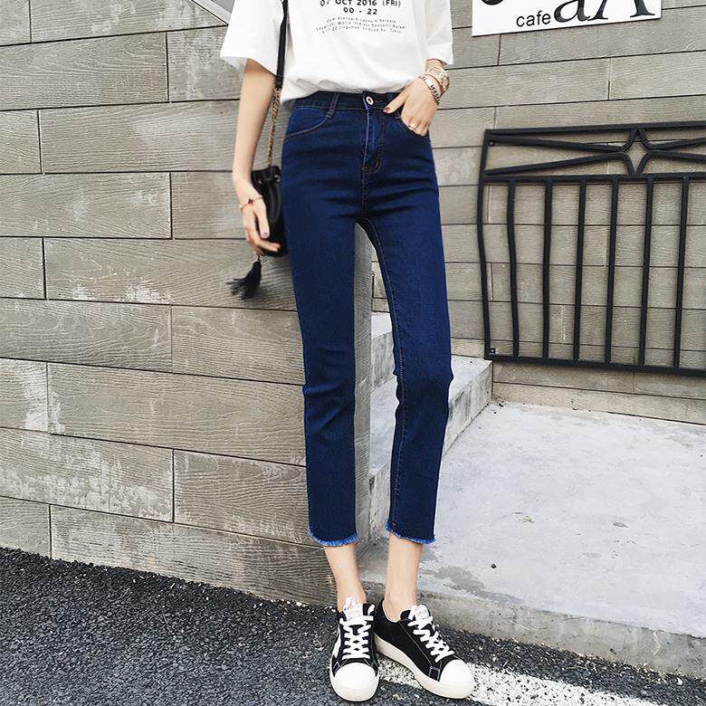 2025春秋新款深蓝色毛边牛仔裤女高腰显瘦九分八分超火修身直筒裤