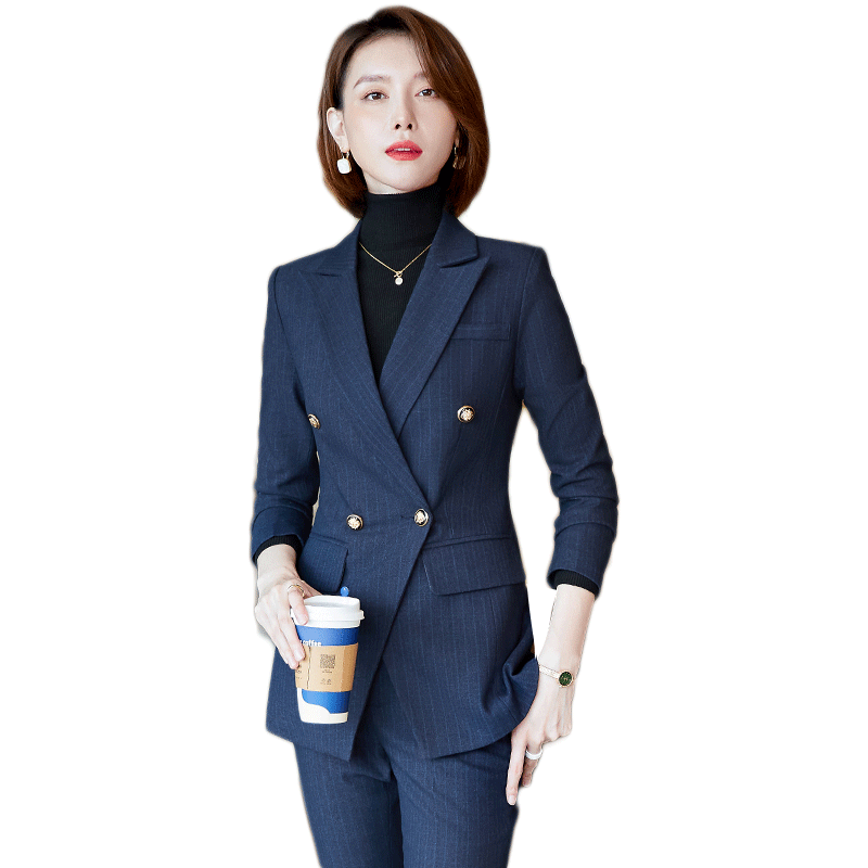 条纹西装套装女韩版英伦风职业气质女神范秋冬时尚修身正装工作服